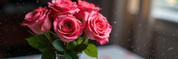 Close-up of roses in vase, water splatter, romantic setting, floral photography, macro, details
