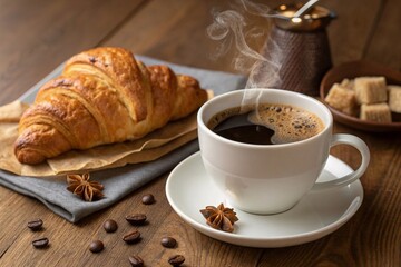 A cup of coffee and a croissant