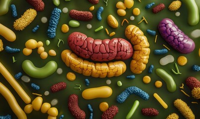 Colorful microorganisms, diverse shapes, textured surface.