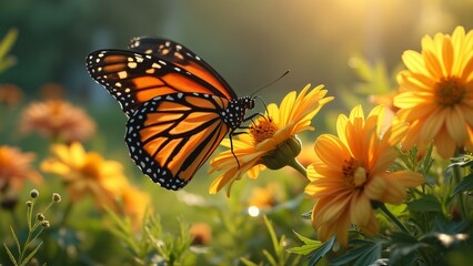 Monarch Butterfly on Yellow Flowers in Sunlight