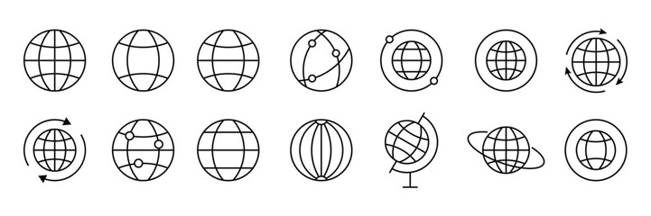 Globe and planet line icons set. Minimalistic Linear Pictogram for Design, Vector Earth global country map planet line icon isolated on white background.
