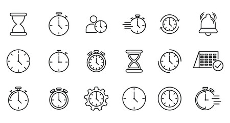 Time icon set. Timer, alarm, schedule, hourglass, clock icons, speed, restore, management, calendar, watch thin line symbols for web and mobile on white background.