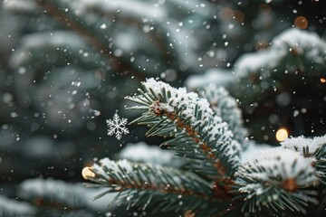 A close-up of snowflakes falling on a Christmas tree, highlighting the festive spirit of winter.
