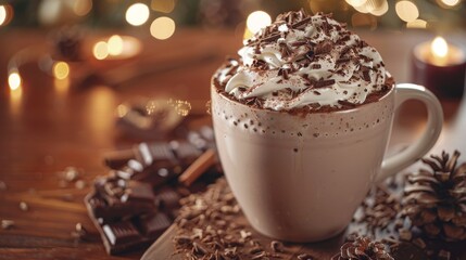 A close-up shot of a mug of hot chocolate with whipped cream and chocolate shavings, showcasing a decadent winter treat.