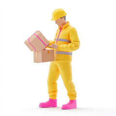 logistics online trading automation concept. Worker in bright outfit inspecting a box on a white background.