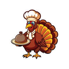 A cartoon turkey dressed as a chef with a white chef hat and a white apron is serving a tray.