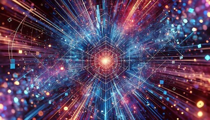 Fototapeta premium Abstract shattered neon light rays forming radiant geometric patterns in vibrant blues and purples created using generative AI for banners.