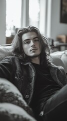 Obraz premium Young man relaxing on a couch in a cozy indoor setting with natural light streaming in