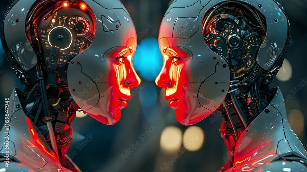 Poster Two lifelike AI robots face each other, illuminated by glowing red lights. Their intricate designs showcase advanced technology, highlighting a unique expression of connection and emotion.