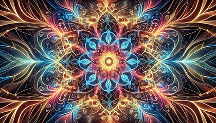 Intricate glowing mandala designs in holographic shades with vibrant energy waves radiating outward, created using generative AI for banners.
