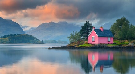 Fototapeta premium Scenic view of a pink house reflecting in calm waters at twilight in a serene landscape