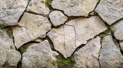 Obraz premium A macro image of a rough stone wall with moss and small cracks.