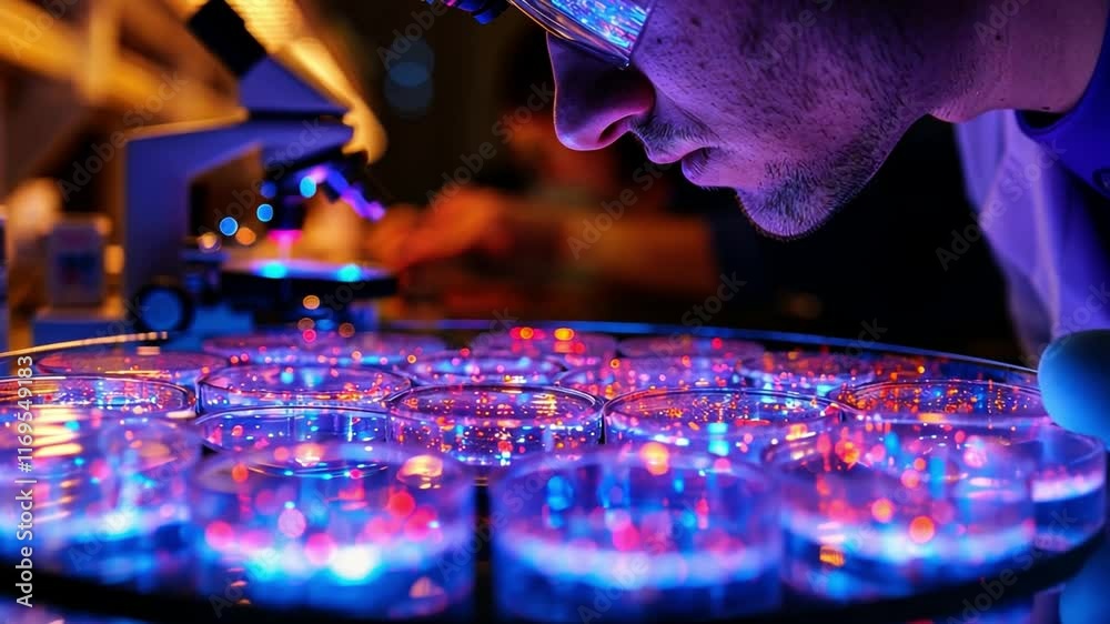 Poster a researcher closely investigates brightly illuminated petri dishes filled with colorful substances 