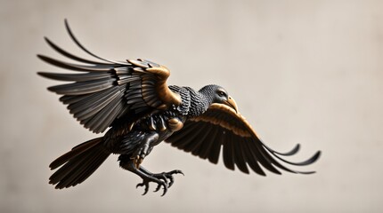 Obraz premium Bronze sculpture-like Ethiopian vulture in motion. A sense of movement, emphasizing the vulture's powerful form against a muted background.