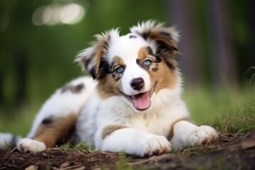 Happy Mini Australian Shepherd Puppy enjoying Outdoors. Beautiful Portrait of Cute White Miniature Australian Shepherd in Summer