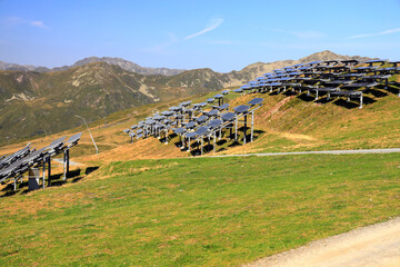 Solar panels on the Wildkogel mountain. Austrian Alps, Europe.