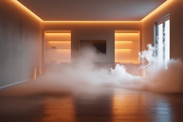 Empty room with warm, amber lighting and smoke effect representing comfort, coziness, elegance, minimalism

