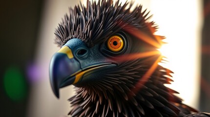 Fototapeta premium Close-up, layered papier-mâché material, bright lens flare. Portrait photography of an Ethiopian vulture, dark brown plumage, sharp yellow eyes, intense gaze with Light streaks.