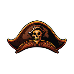 A detailed illustration of a pirate's tricorne hat with a skull and crossbones design, featuring a worn leather texture.