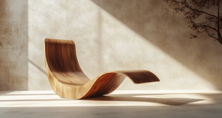 Modern wooden lounge chair in minimalist interior with warm light filtering through windows