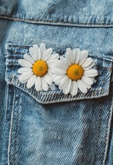 Obraz premium Close-up of daisies in a denim pocket. Ideal for spring, love and summer themes. Copy space.