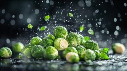 Fresh brussels sprouts with droplets of water on a dark surface creating a vibrant culinary display
