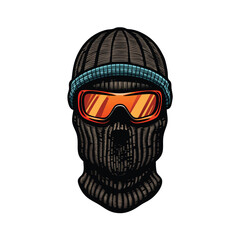 Illustration of a detailed ski mask in dark knit fabric with ski goggles.
