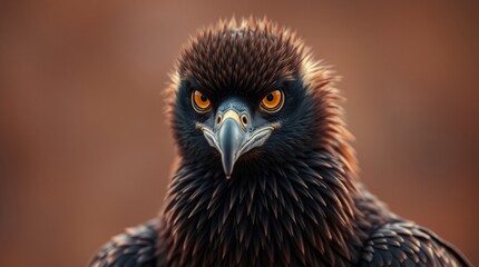 Fototapeta premium High-contrast artistic portrait of an Ethiopian vulture, warm autumn colors. Earthy, cozy tones. The vulture's dark plumage and yellow eyes are accentuated.