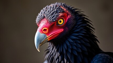 High-contrast portrait photograph of an Ethiopian vulture, its dark plumage gleaming, sharp beak and intense yellow eyes focused on the viewer. Reds, oranges colors.