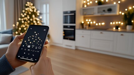A woman's hand interacts with a smartphone as home icons hover, showcasing smart technology integration in everyday living