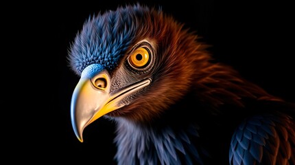 Fototapeta premium High-contrast portrait photography of an Ethiopian vulture. Iridescent colors, iridescent reflections. Dark brown plumage, sharp beak, yellow eyes.