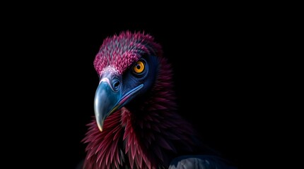High-contrast portrait photography of an Ethiopian vulture. Rich burgundy and deep blue, strong hard light, direct shadows. Sophisticated and elegant style.