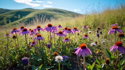 Vibrant Purple Coneflowers in a Sunny Meadow Landscape