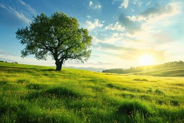 Idyllic Solitude: A Serene Spring Landscape with Lush Meadow, Lone Tree, and Blue Sky