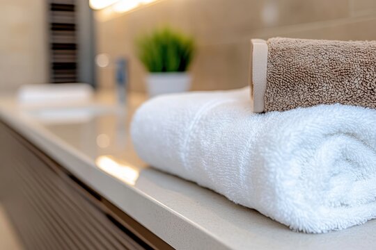 An aesthetically pleasing arrangement of soft towels highlighted with warm tones, creating an inviting and luxurious ambiance in a contemporary bathroom environment.