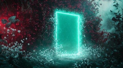 A bright teal neon portal, surrounded by a thick overgrowth of crimson vines and soft white flowers, glowing brightly against the rich greenery, casting light across the wild landscape.