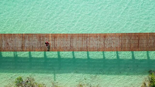 Toma a&eacute;rea cenital de dron de joven y atractiva mujer en vestido rojo, caminando en un muelle de madera, en el agua color turquesa y los manglares del Parque Ecol&oacute;gico de Bacalar en M&eacute;xico.