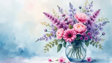 Stunning Watercolor Bouquet Pink Peonies Gerbera Daisies Lavender Flowers in Glass Vase