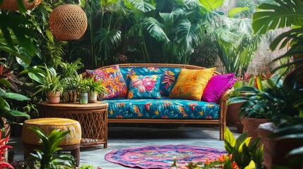 Obraz premium Tropical patio furniture, vibrant plants, colorful decor.