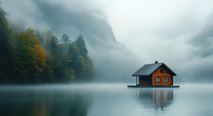 Fototapeta premium Serene wooden cabin on a misty lake surrounded by mountains and autumn foliage
