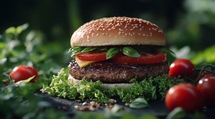 Delicious gourmet burger with fresh ingredients in a lush green setting