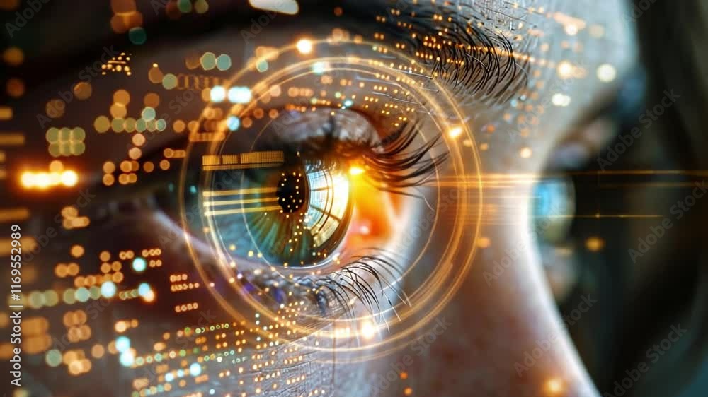 Poster Close-up view of an eye infused with glowing circuit patterns, symbolizing the integration of artificial intelligence in human vision.