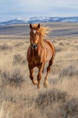Majestic brown horse runs freely across vast grassy landscape under blue sky