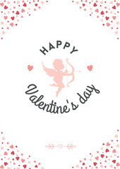 Happy valentines day logo or card surrounded by hearts and Pink Cupid in the middle 