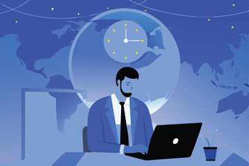 A man in a suit works late at night on his laptop, the world map and a clock behind him.