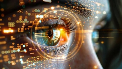 Close-up view of an eye infused with glowing circuit patterns, symbolizing the integration of artificial intelligence in human vision. - Powered by Adobe