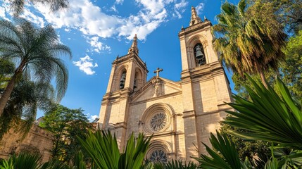 Cathedral, sunny day, tropical foliage, city background, travel