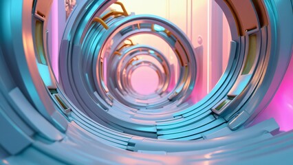 Abstract Futuristic Tunnel Neon Lights Rotating Circles 3D Render