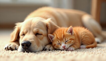 Golden Retriever Puppy and Ginger Kitten Napping Together: A Sweet Display of Inter-species Friendship