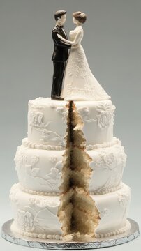 A striking wedding cake featuring a couple figurine atop a beautifully detailed three-tiered cake with a visible split, symbolizing a broken marriage.